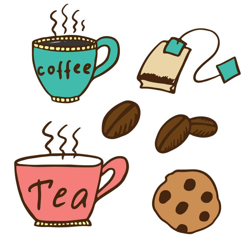colorful doodle set of coffee, tea and cookies isolated on white