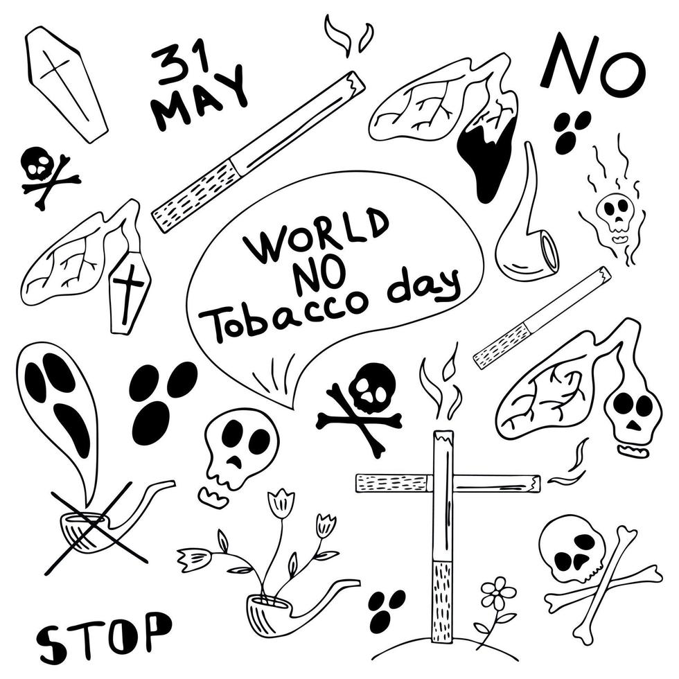 set of doodles World No Tobacco Day. vector illustration isolated on white background.