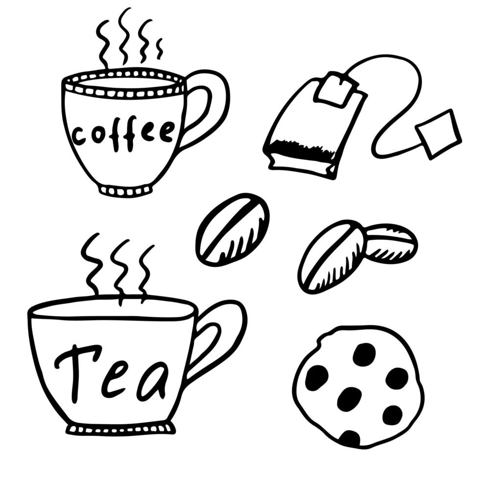 black and white doodle set of coffee, tea and cookies on a white background. vector