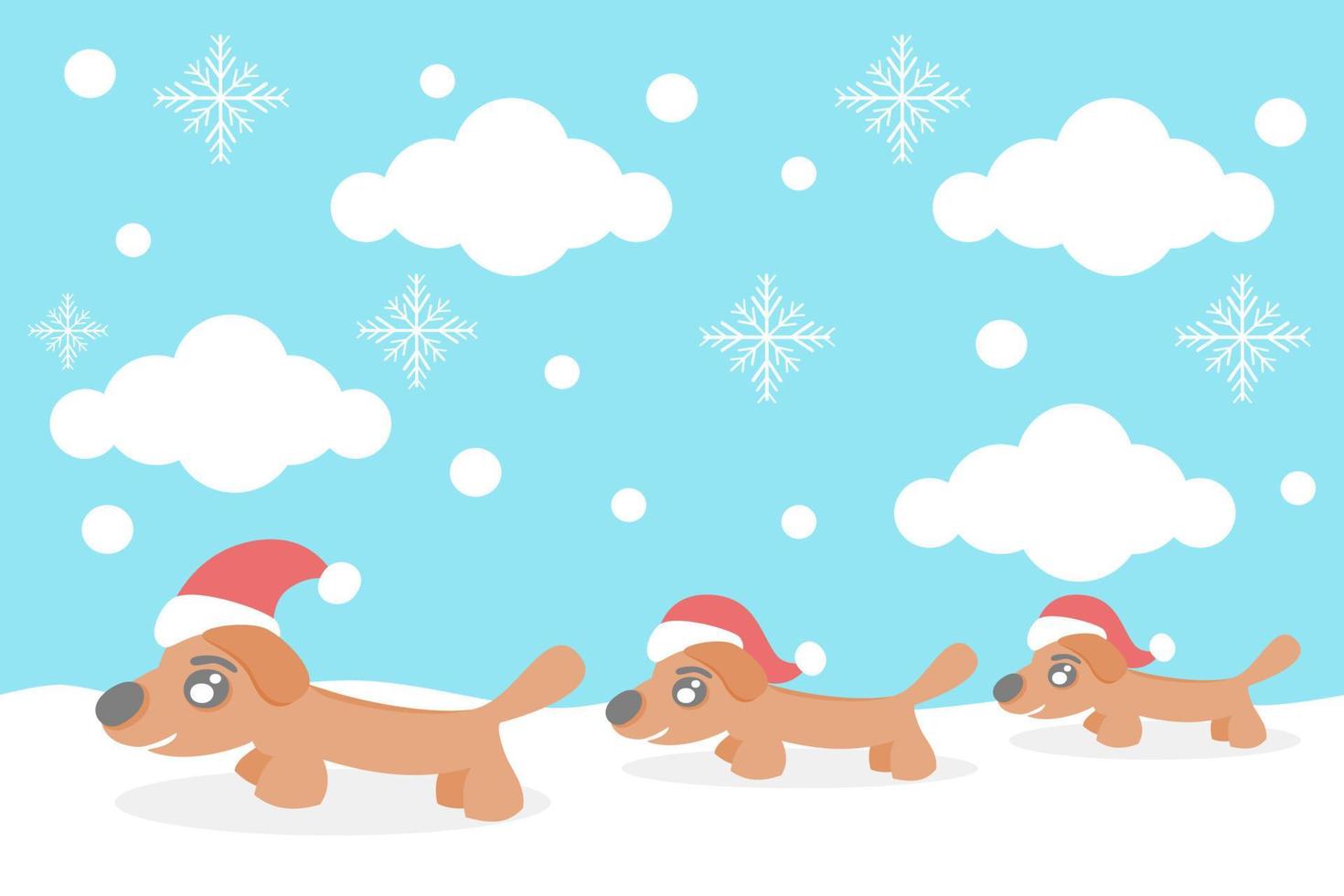 A family of dogs in Christmas hats walk amongst the snowflakes vector