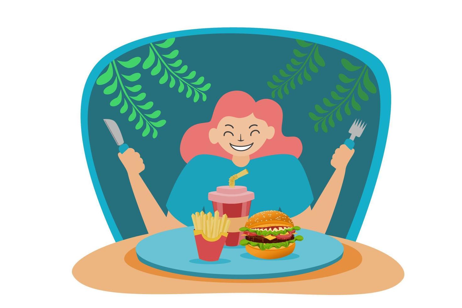 ilustración de una persona que se prepara para comer comida chatarra como hamburguesas, papas fritas y agua vector