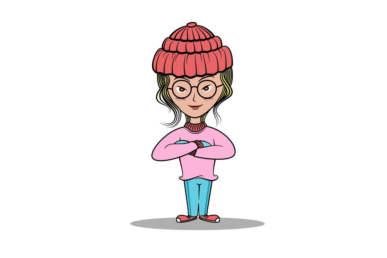 Cartoon woman wearing glasses wearing a hat and wearing a sweater with her arms crossed vector