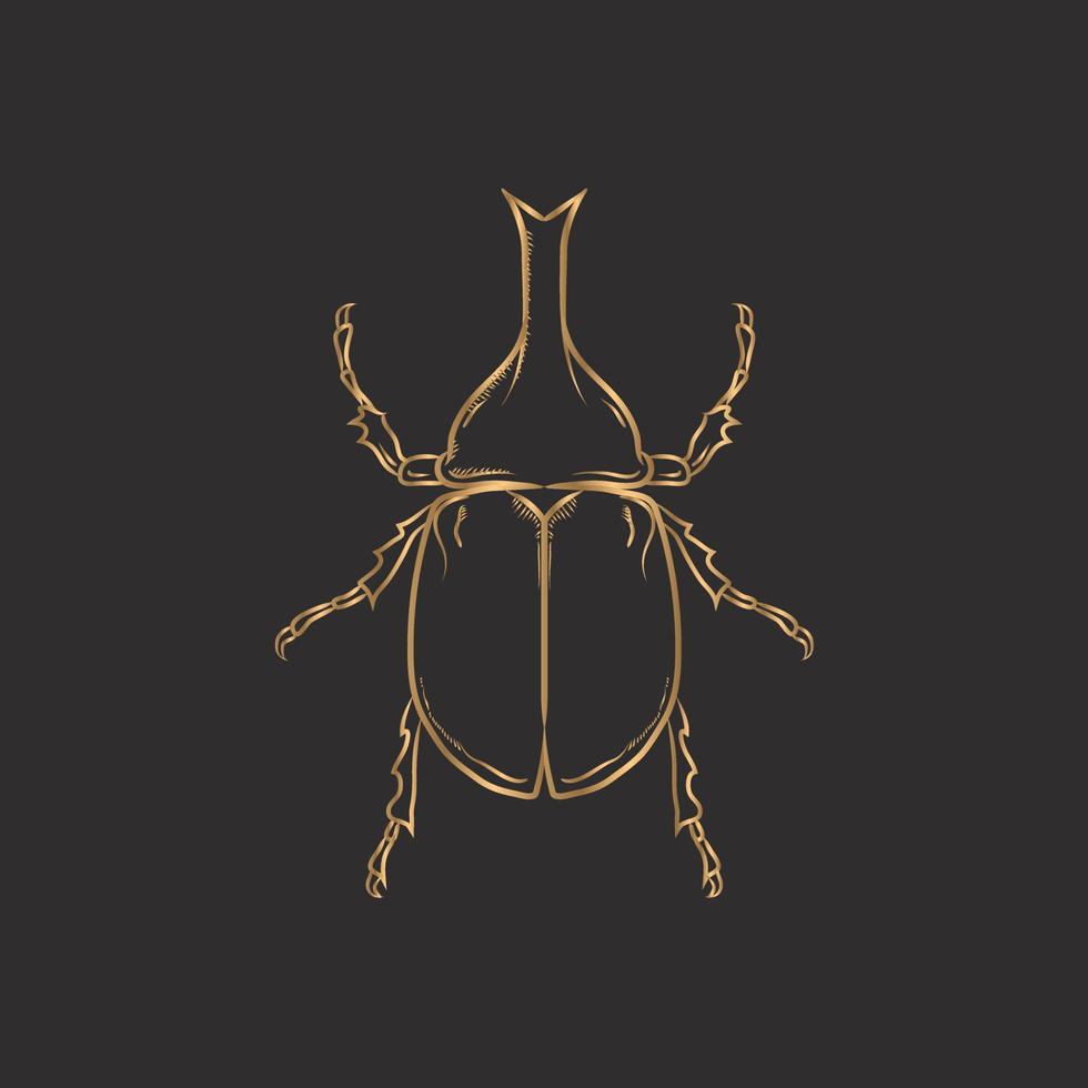 escarabajo rinoceronte de rayas vectoriales doradas, escarabajo hércules, escarabajo unicornio, escarabajo cornudo, macho sobre fondo negro vector