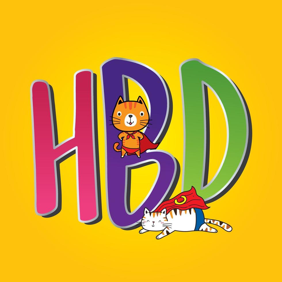 Birthday card vector. cute cartoon cat hero on bright yellow background vector