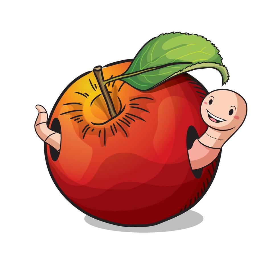 manzana de dibujo vectorial comida por un gusano, estilo de dibujos animados. vector