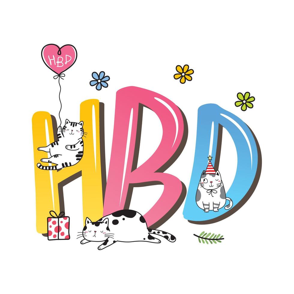 Happy birthday greeting card. Cute cartoon cats cerebrating with text HBD to you. Isolated on white background. Flat design. Colored vector illustration.