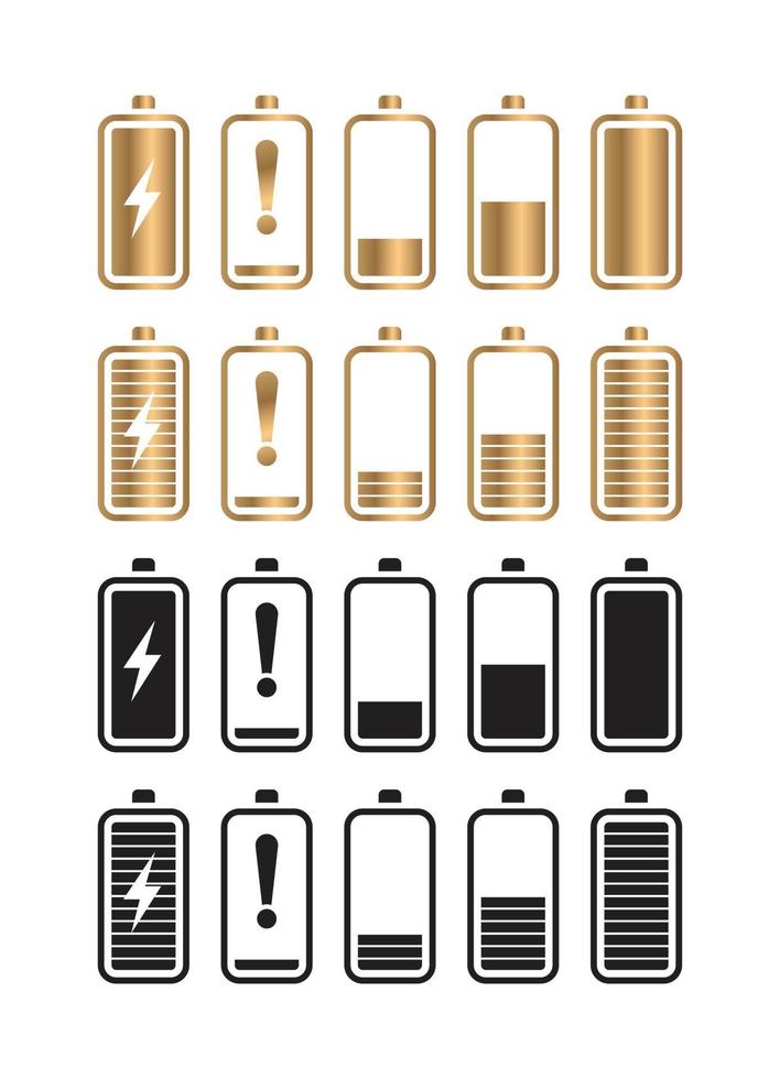 conjunto de iconos de batería de oro y negro ilustración vectorial sobre fondo blanco. vector