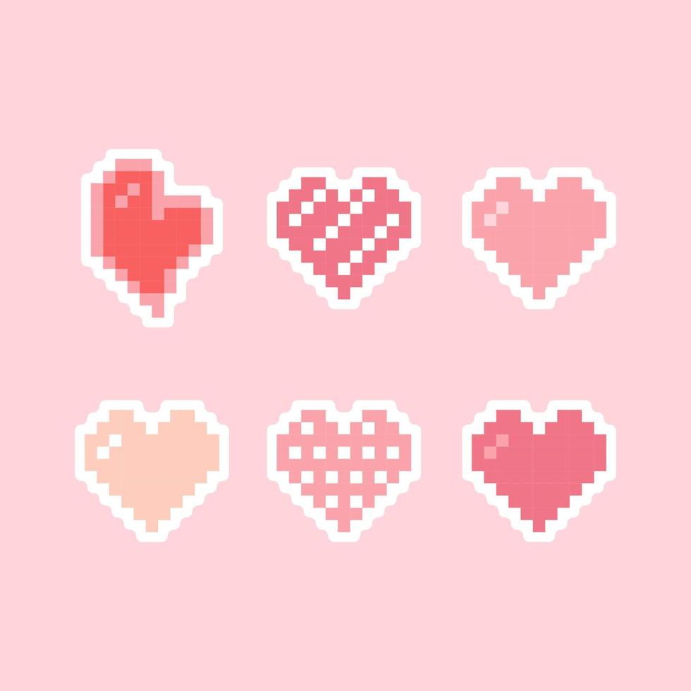 set of pink heart stickers vector pixel art