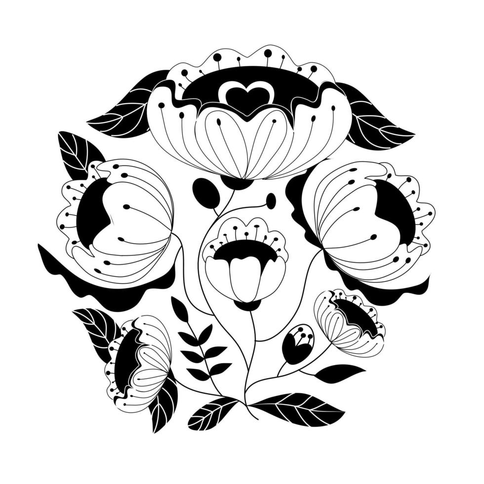 Scandinavian vector folk art with flowers, traditional floral frame or border design with black and white color . Traditional cute ornament - Scandi style.
