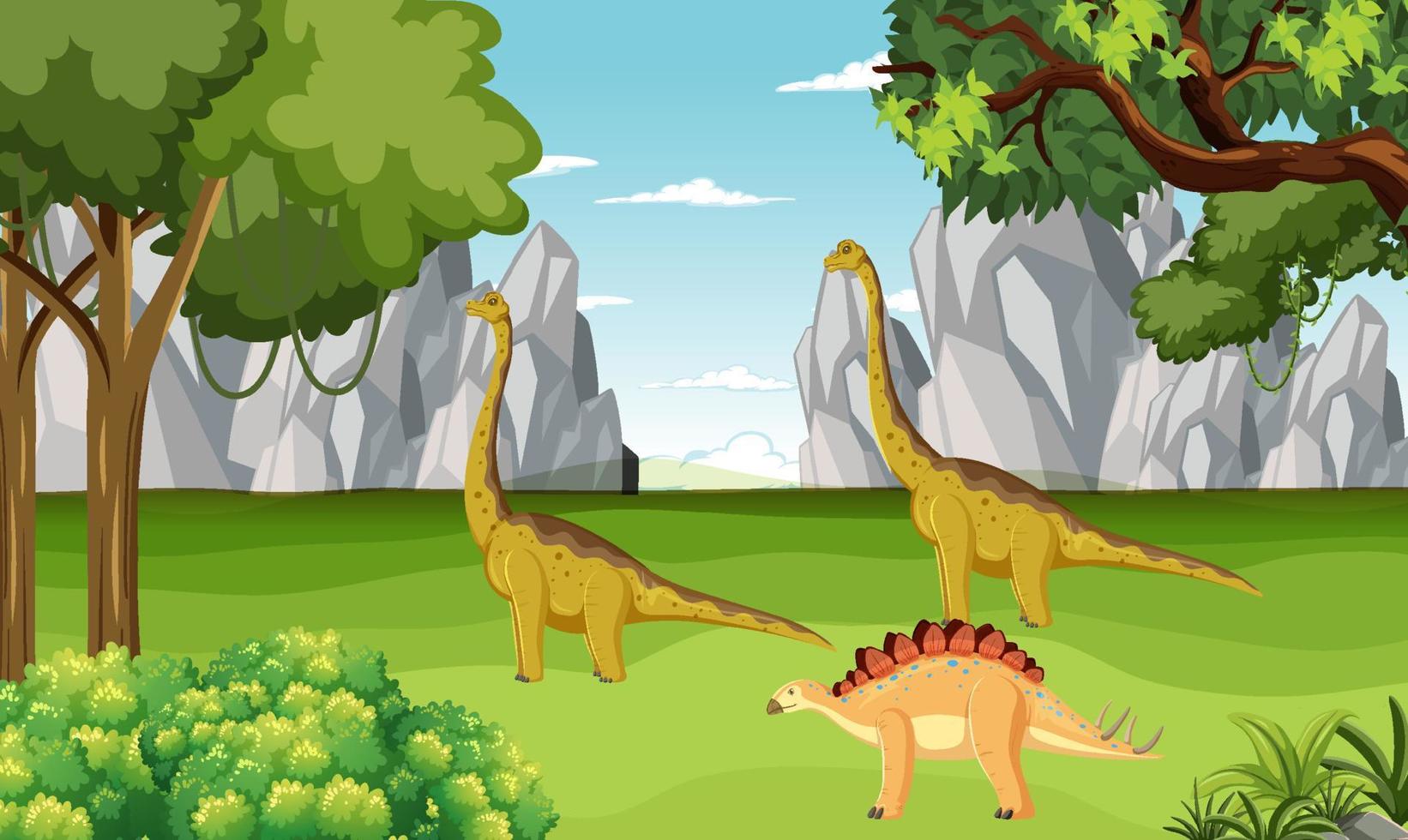 dinosaurio en la escena del bosque prehistórico vector