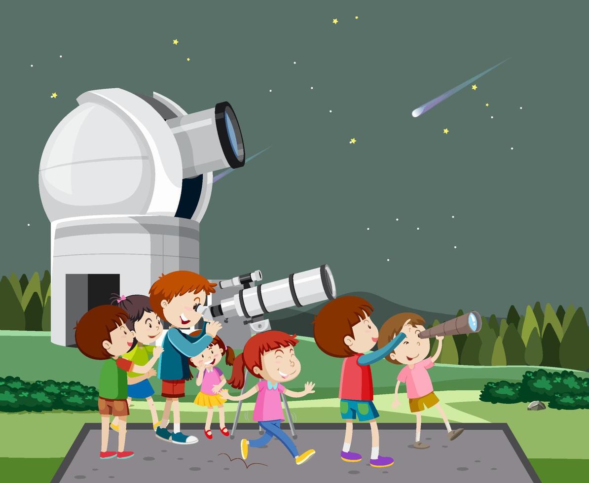 Astronomy theme with kids looking at stars vector