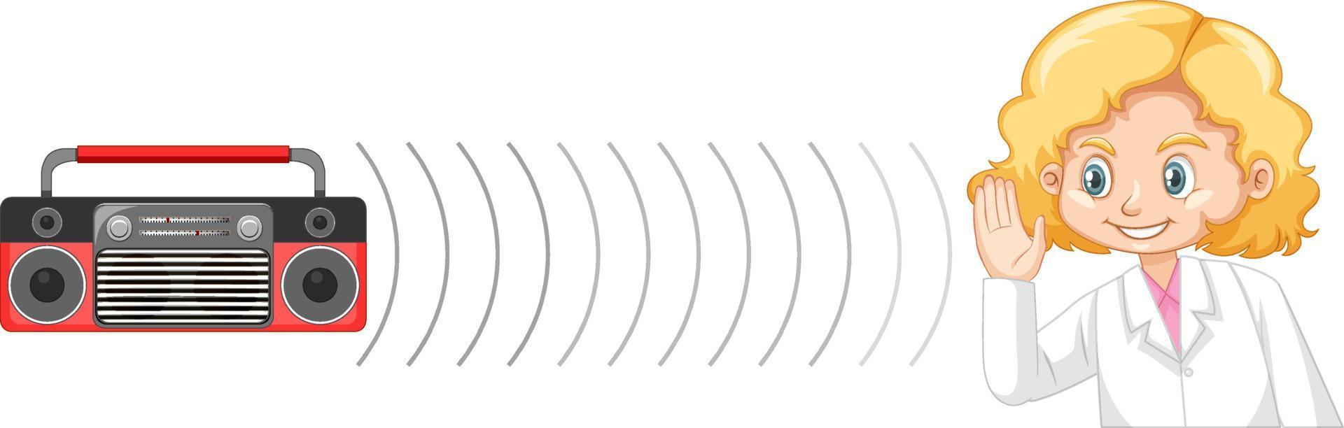 Scientist girl hearing sound with radio vector