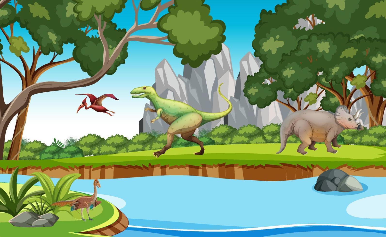 Nature scene with trees on mountains with dinosaur vector