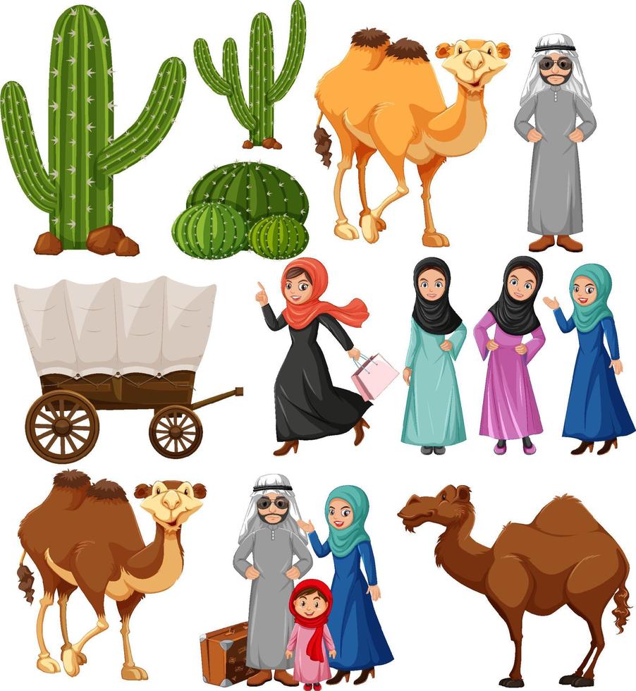 Arabic people with camel and cactus plants vector