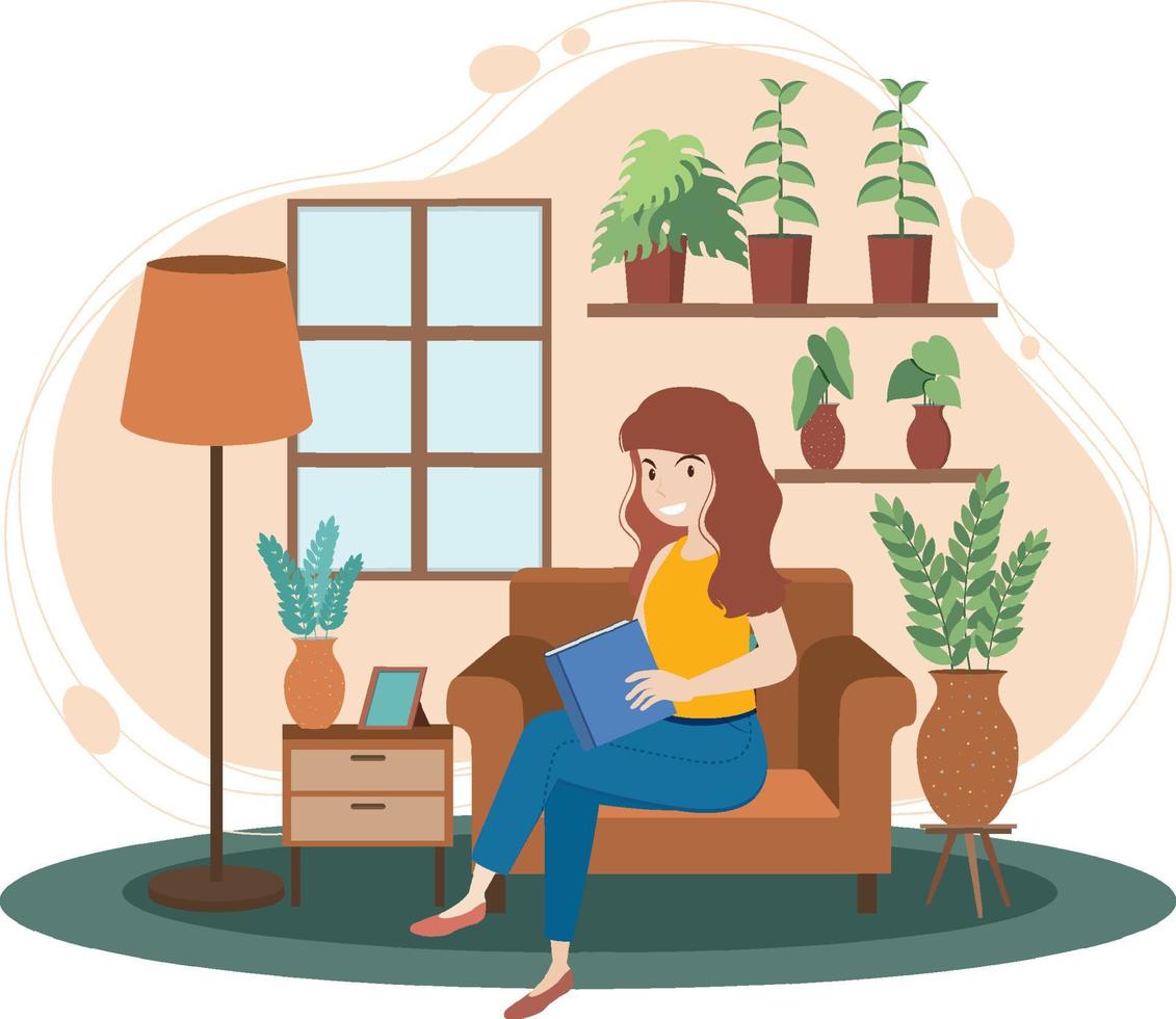 A woman spending time in the living room vector