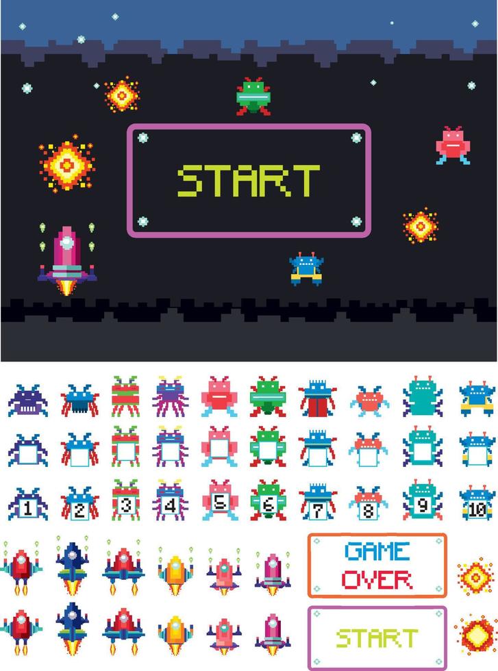 Retro pixel space game interface vector