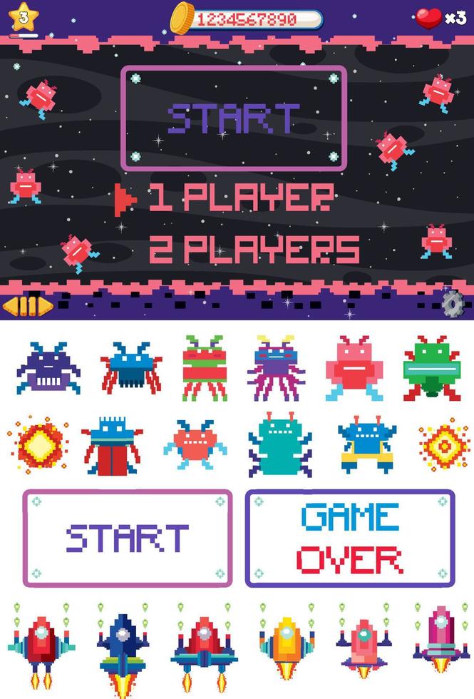 interfaz de juego de espacio de píxeles retro vector