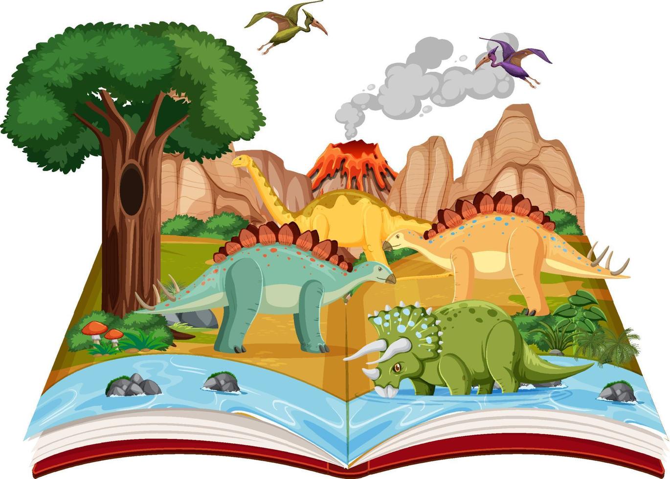 libro con escena dinosaurios en bosque vector