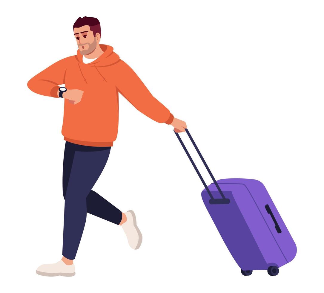 Man checking time and waiting for boarding semi flat color vector illustration