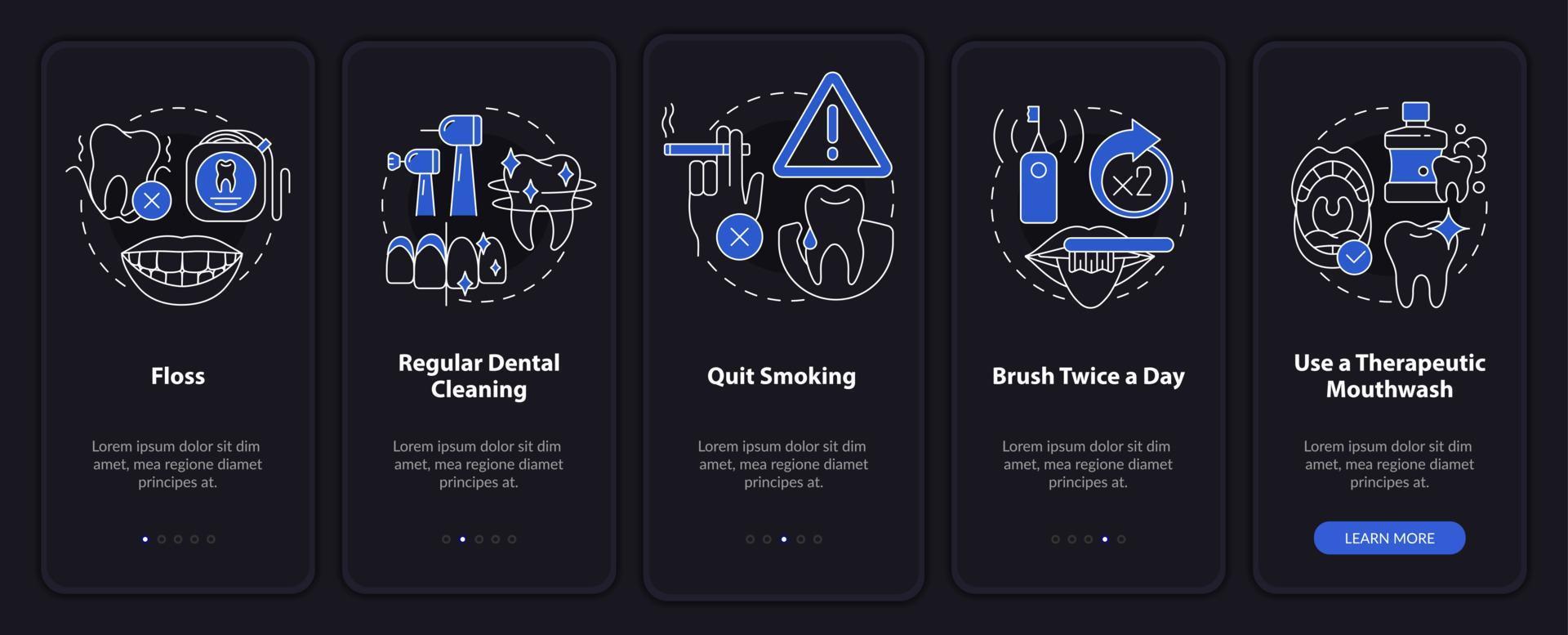 pantalla de la aplicación móvil de incorporación del modo nocturno de prevención de enfermedades periodontales vector