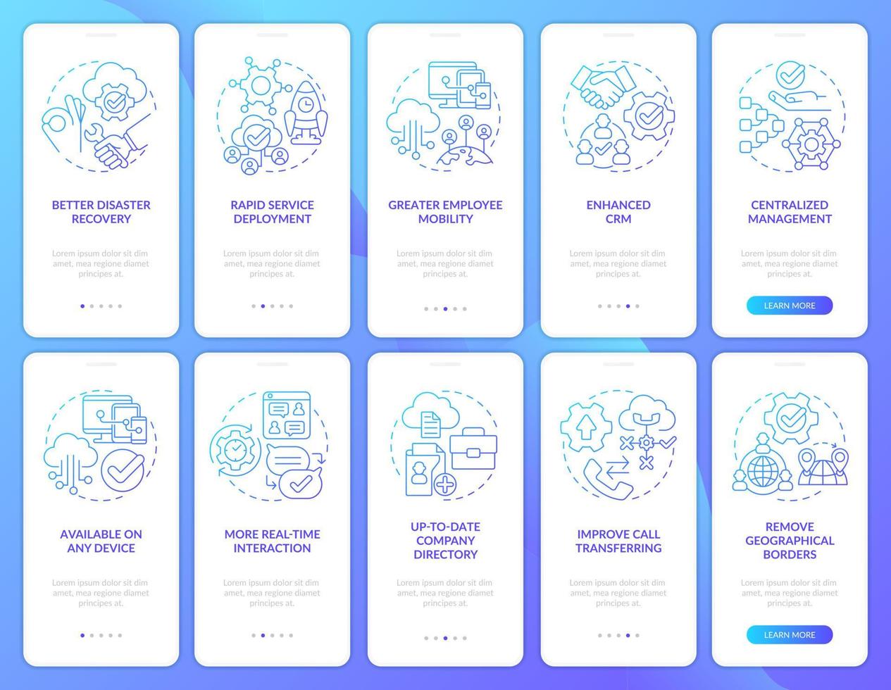 UCaaS blue gradient onboarding mobile app screen set vector