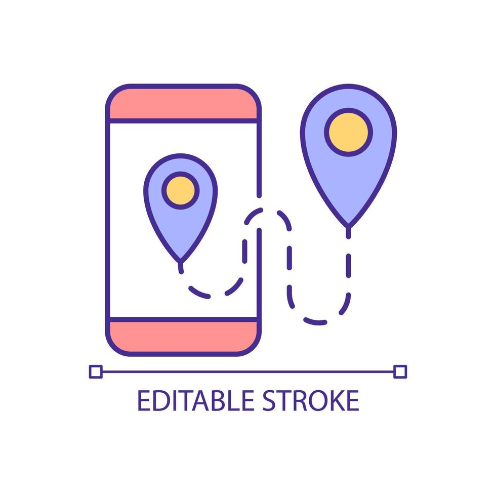 Mobile GPS location RGB color icon. Smartphone with navigation app. Virtual support. Geolocation marking. Isolated vector illustration. Simple filled line drawing. Editable stroke. Arial font used