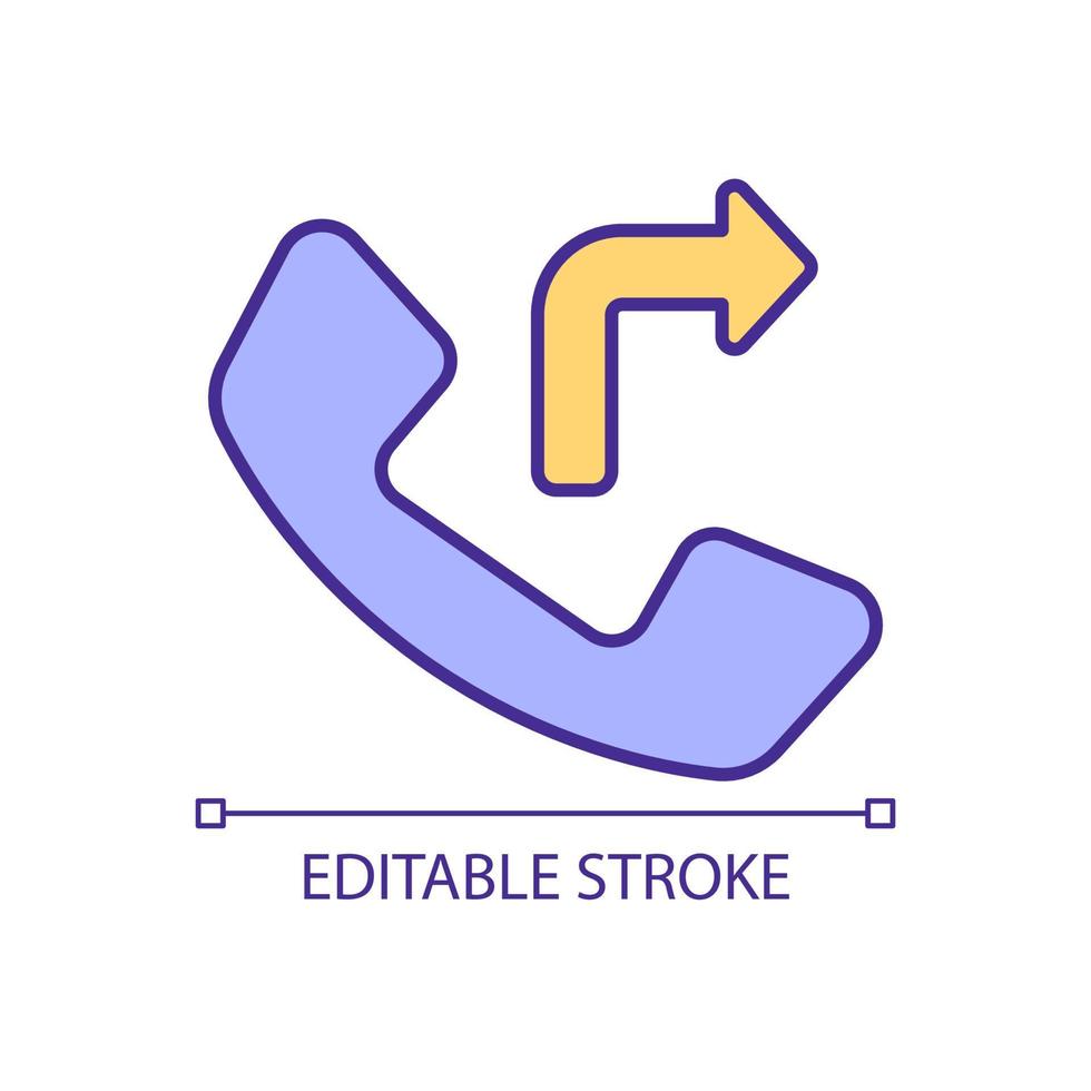 Call transferring RGB color icon. Handset with arrow. Telecommunication system feature. Connection service. Isolated vector illustration. Simple filled line drawing. Editable stroke. Arial font used