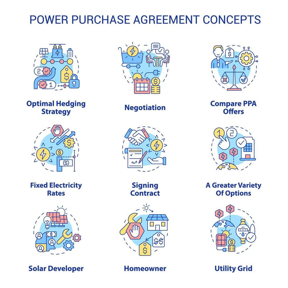 conjunto de iconos de concepto de acuerdo de compra de energía vector
