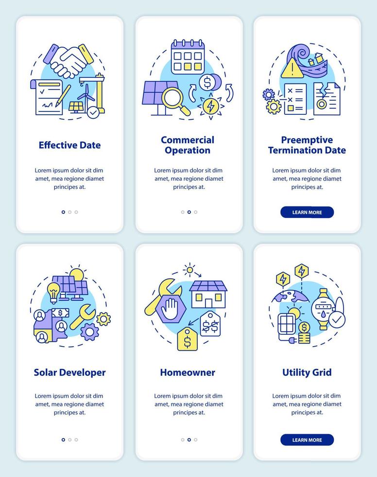 Power purchase agreement onboarding mobile app screen set vector