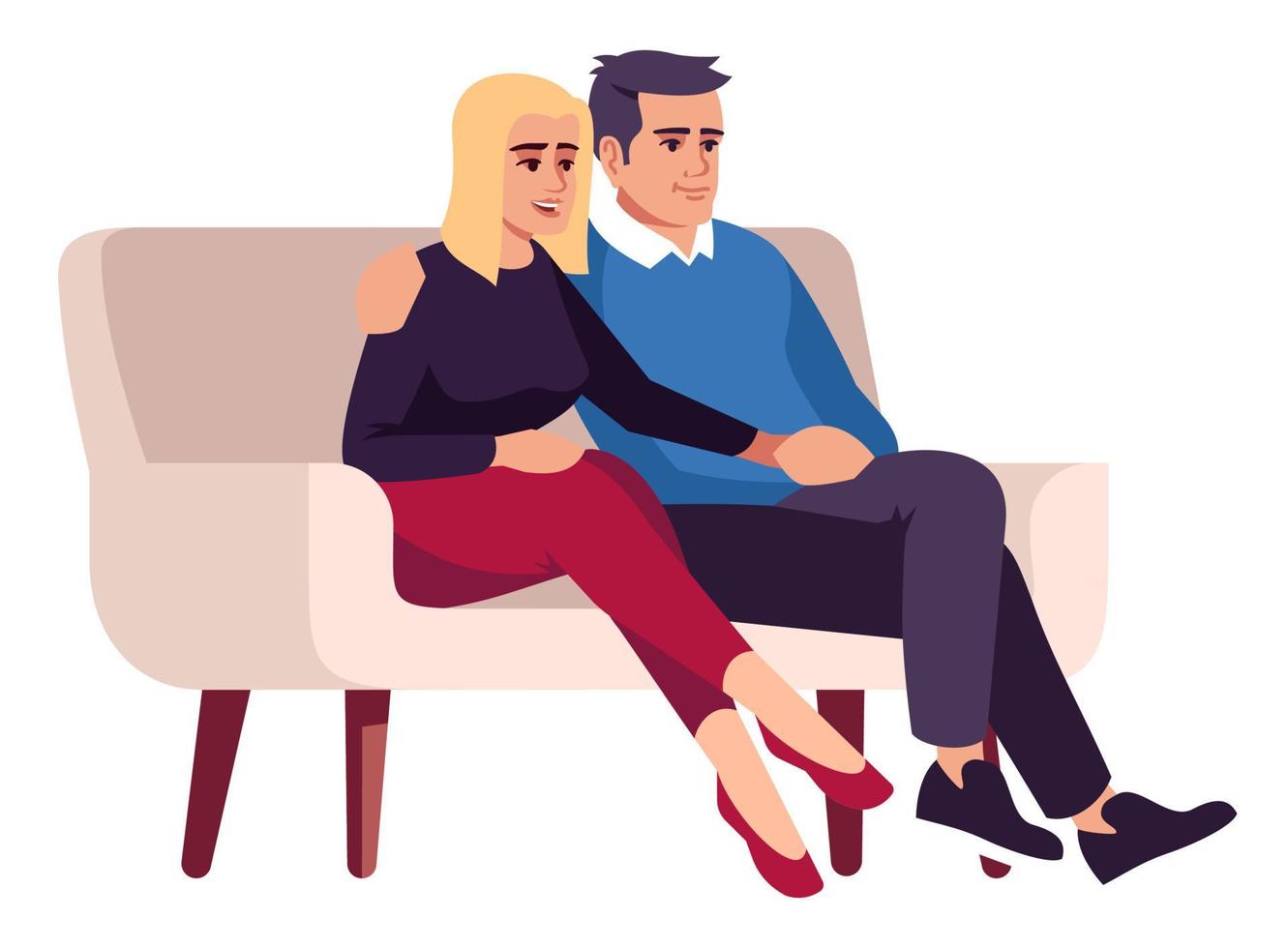 Couple sitting on sofa and embracing semi flat RGB color vector illustration