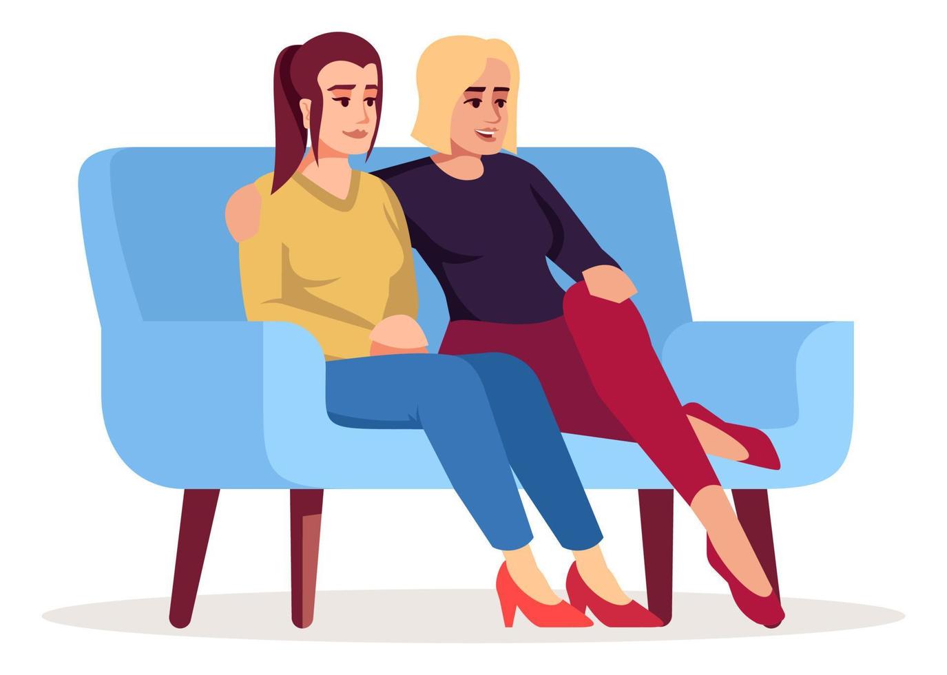 Lesbian couple sitting on sofa semi flat RGB color vector illustration