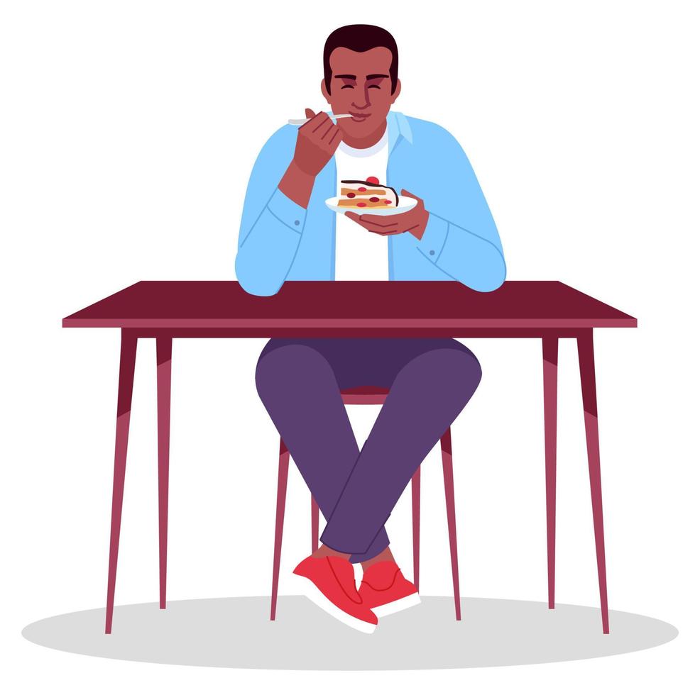 Pleased man eating sweet cake semi flat RGB color vector illustration