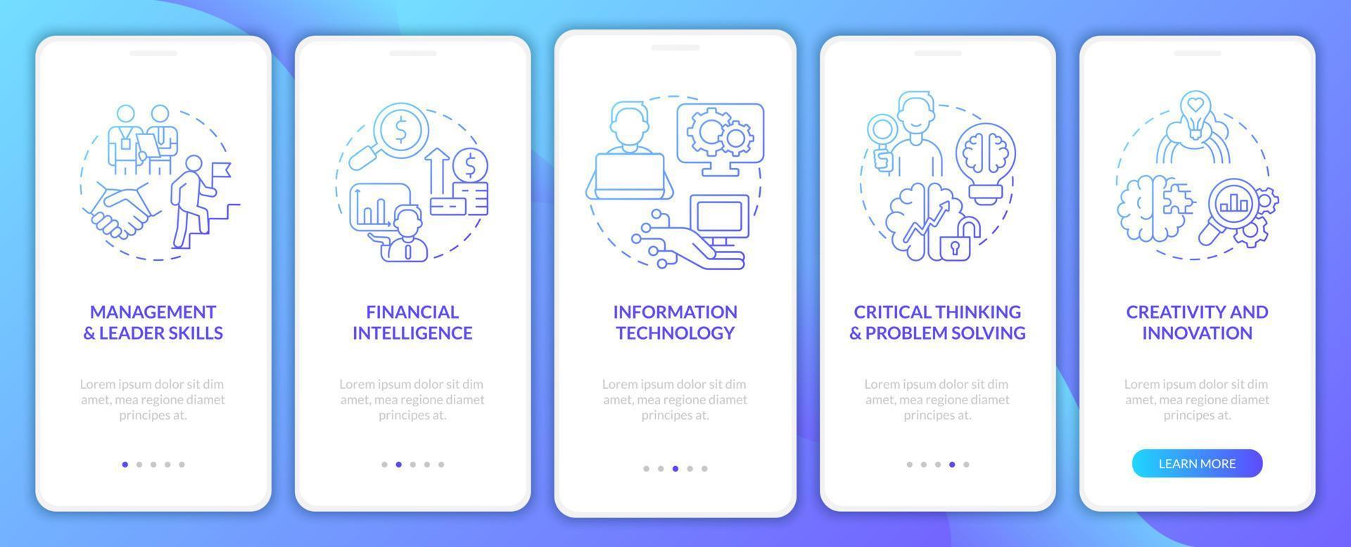 Business management skills blue gradient onboarding mobile app screen vector