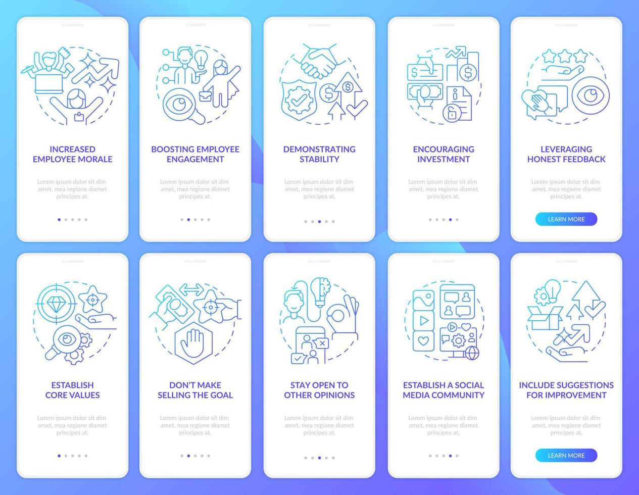 Business transparency blue gradient onboarding mobile app screen set vector