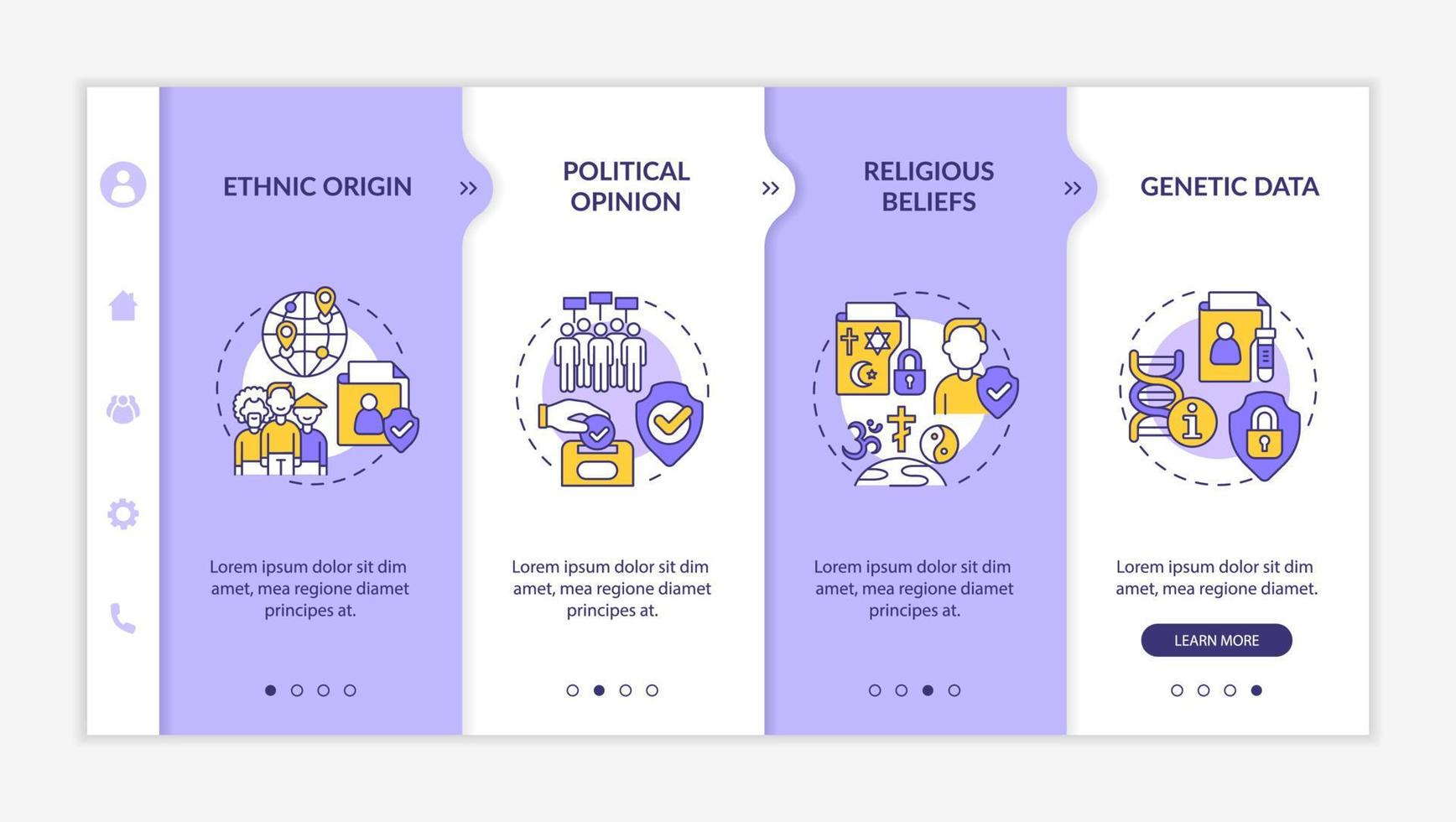 Examples of personal information purple and white onboarding template vector