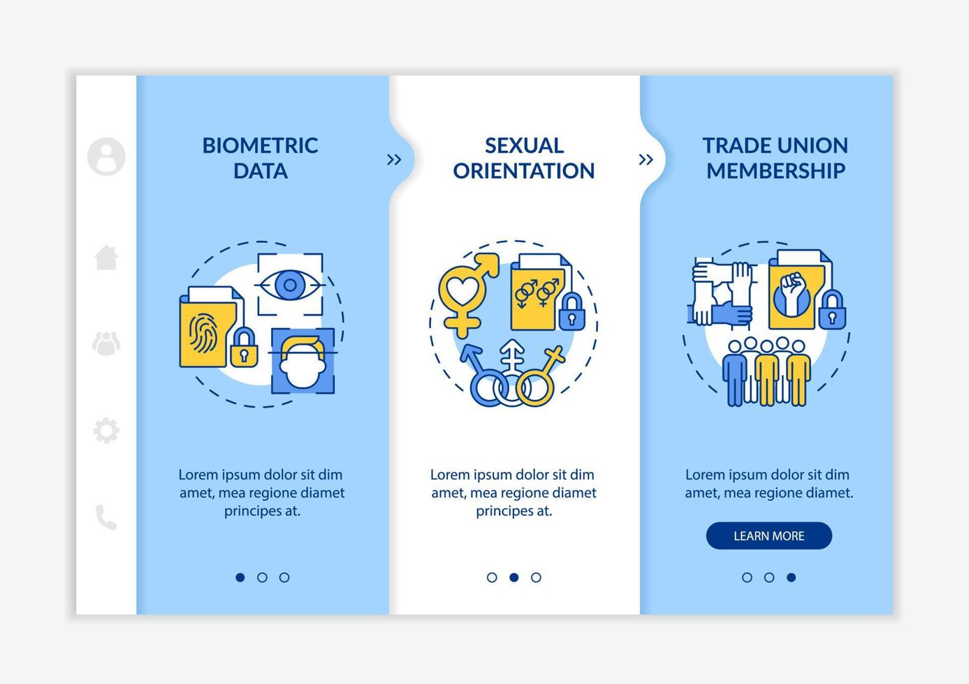 Examples of personal data blue and white onboarding template vector