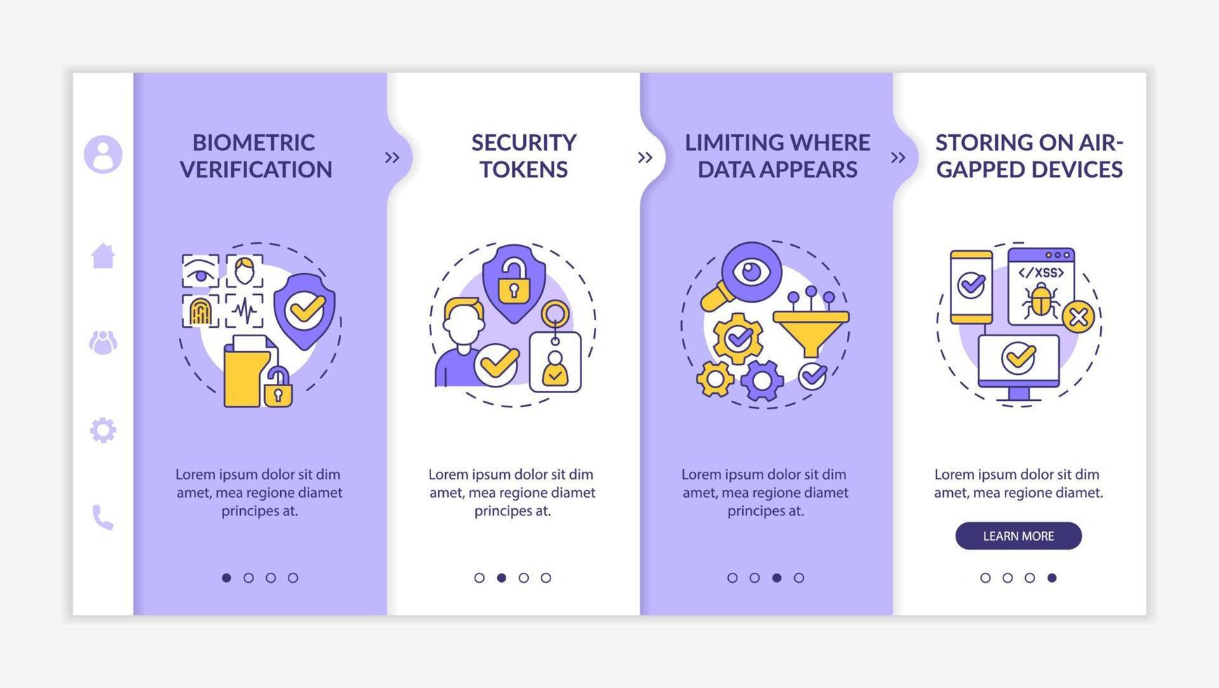 Confidentiality countermeasures purple and white onboarding template vector