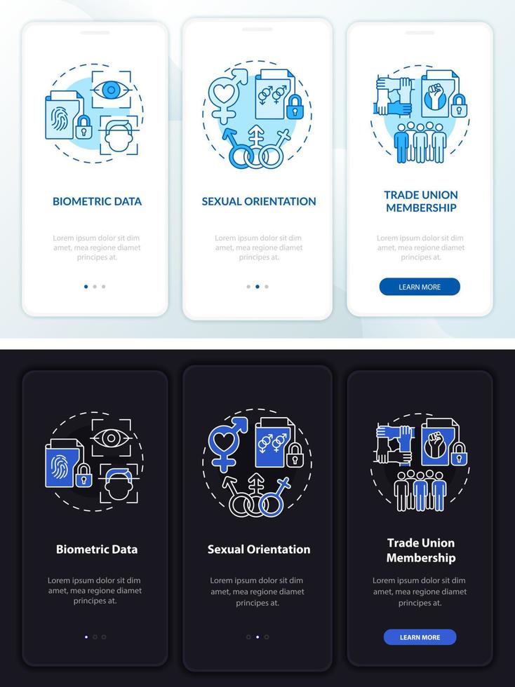 tipos de datos personales pantalla de aplicación móvil incorporada en modo día y noche vector