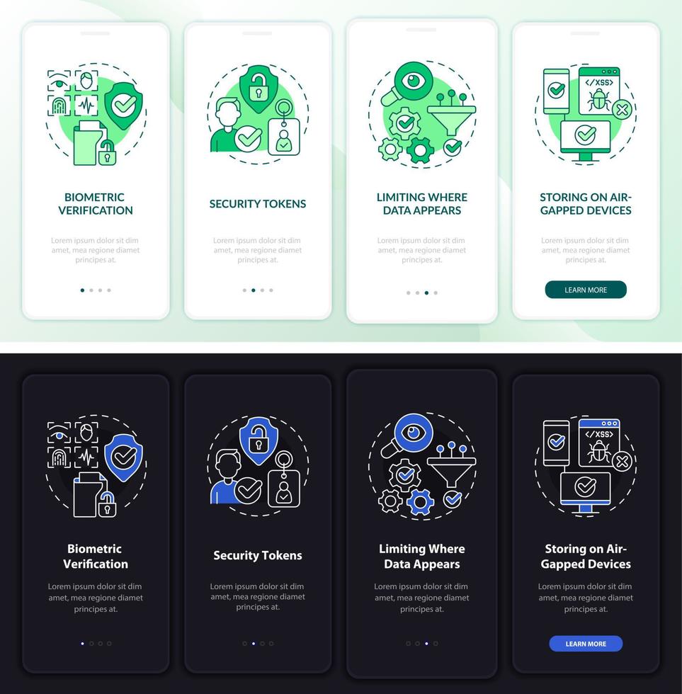 Privacy countermeasures night and day mode onboarding mobile app screen vector