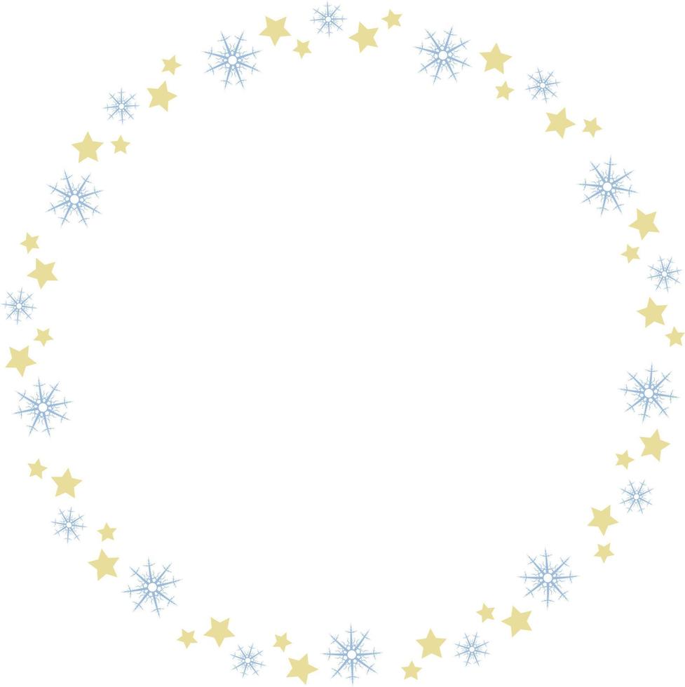 Round frame with light blue snowflakes and yellow stars on white background. Vector image.