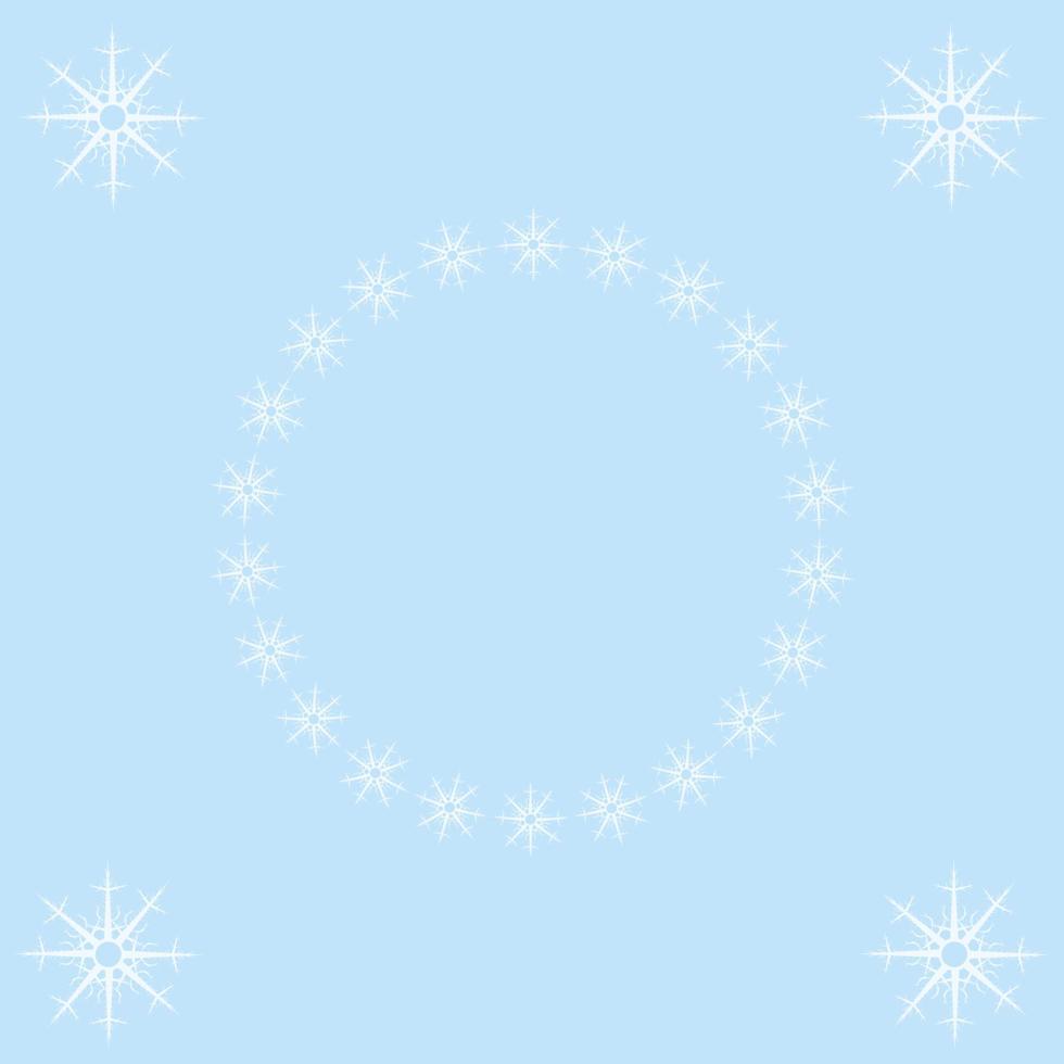 Round frame with white snowflakes on light blue background. Vector image.