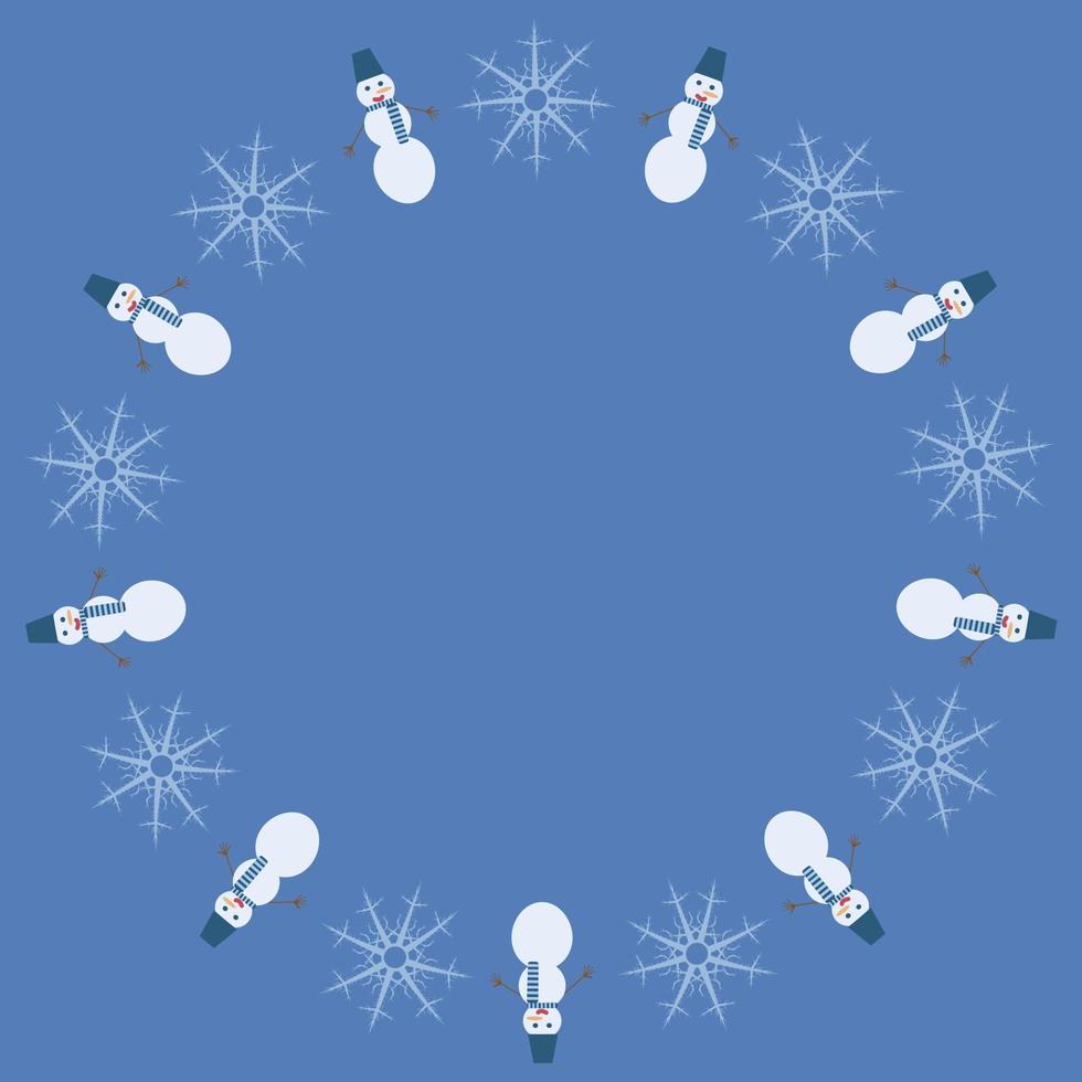 Round frame with snowmen and snowflakes on blue background. Vector image.