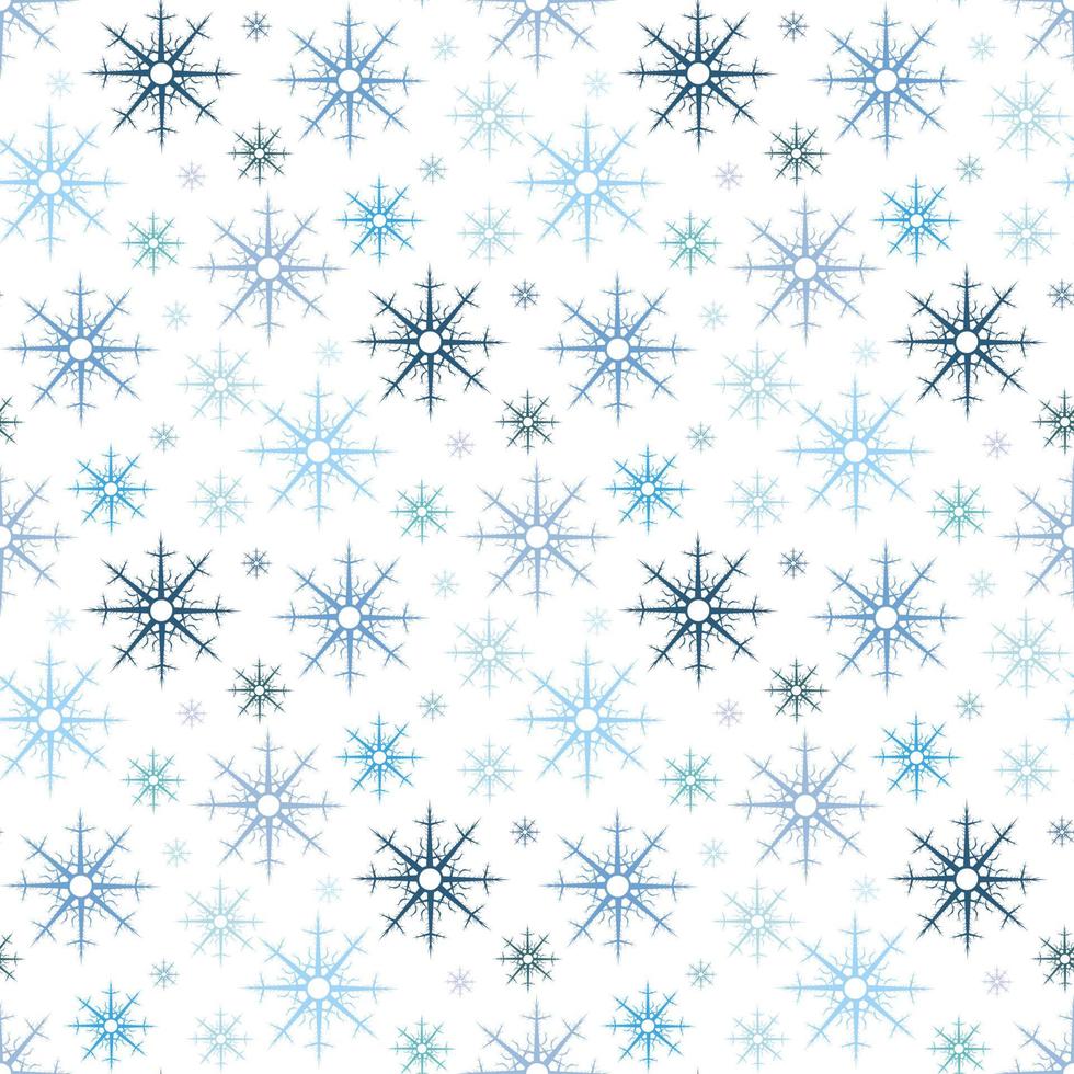 Seamless pattern with light and dark blue snowflakes on white background. Vector image.