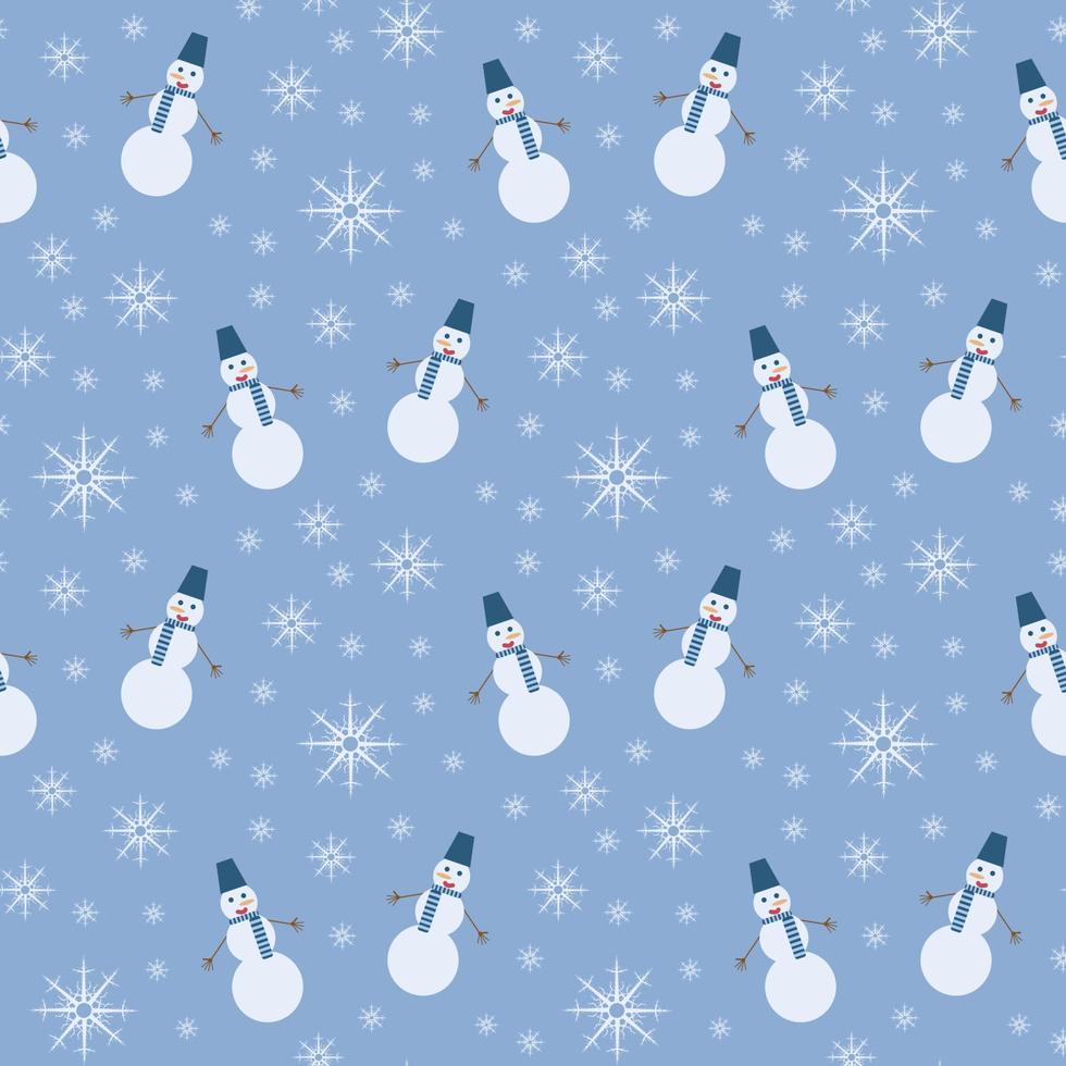 Seamless pattern with interesting snowman and snowflakes on blue background for fabric, textile, clothes, tablecloth and other things. Vector image.