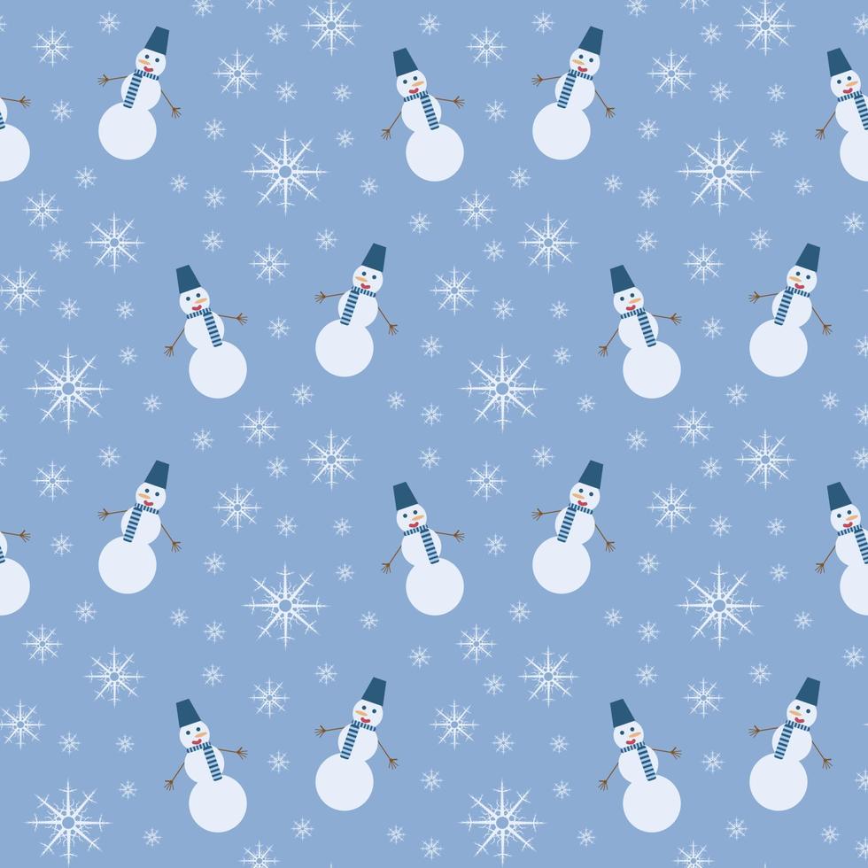 Seamless pattern with interesting snowman and snowflakes on blue background for fabric, textile, clothes, tablecloth and other things. Vector image.