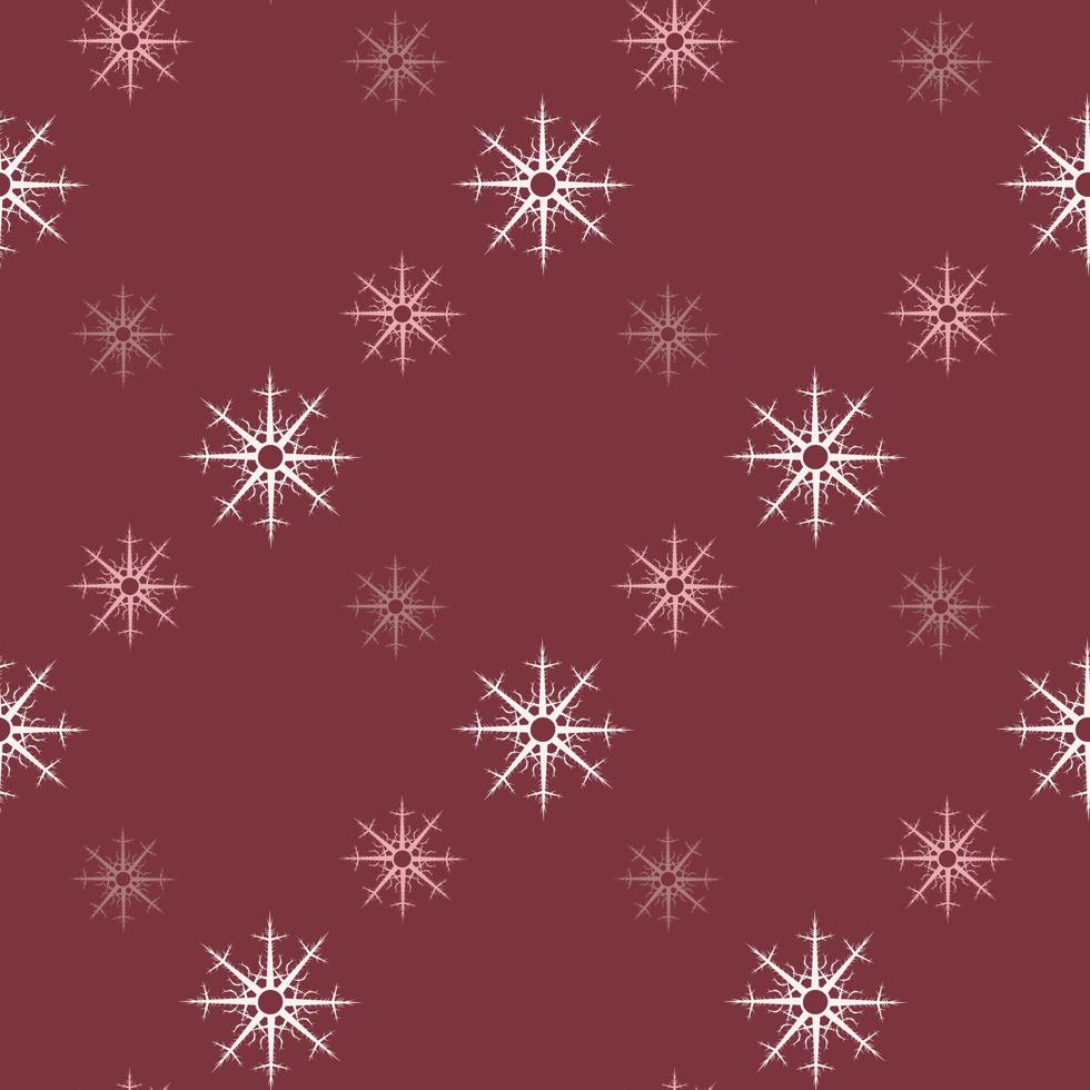 Seamless pattern with pink and white snowflakes on dark red background. Vector image.