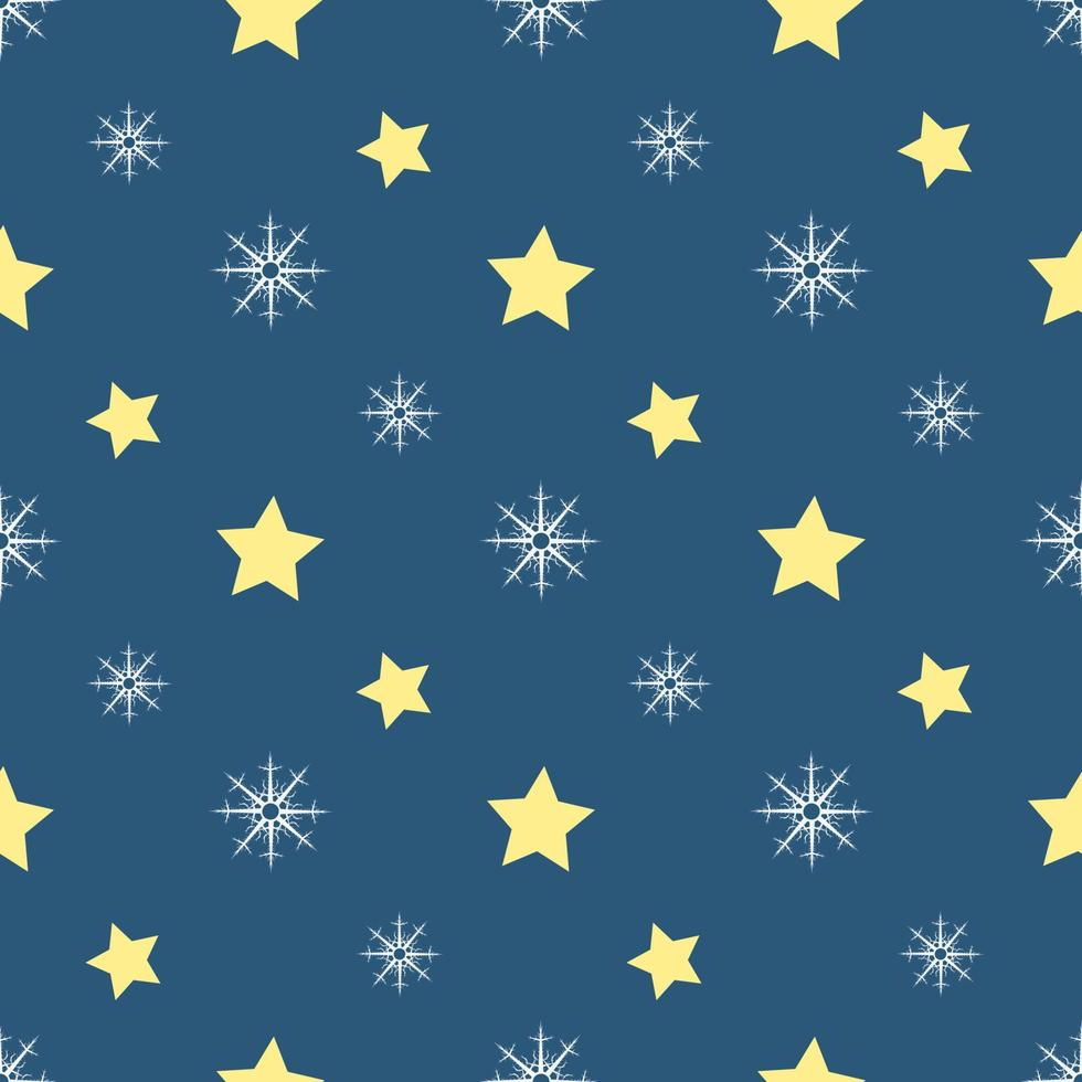 Seamless pattern with white snowflakes and yellow stars on dark blue background. Vector image.
