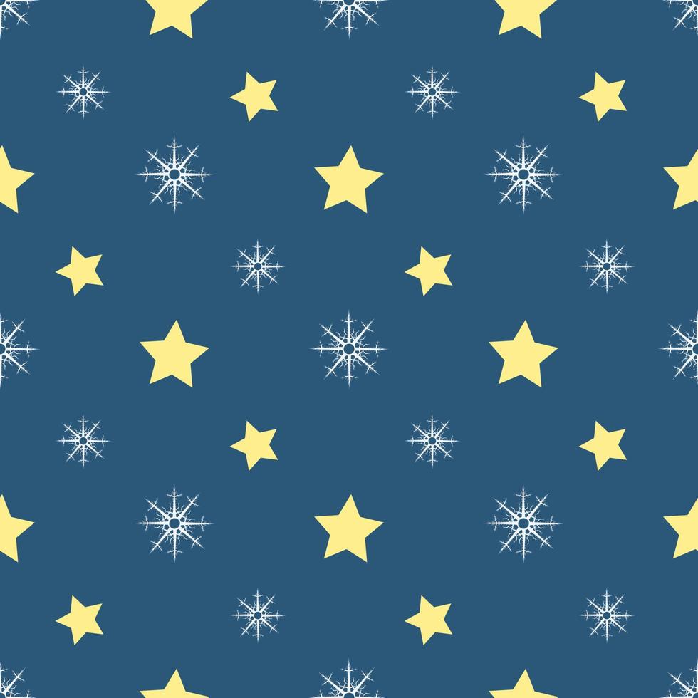 Seamless pattern with white snowflakes and yellow stars on dark blue background. Vector image.
