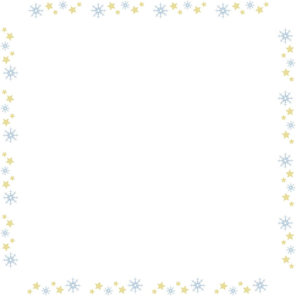 Square frame with light blue snowflakes and yellow stars on white background. Vector image.