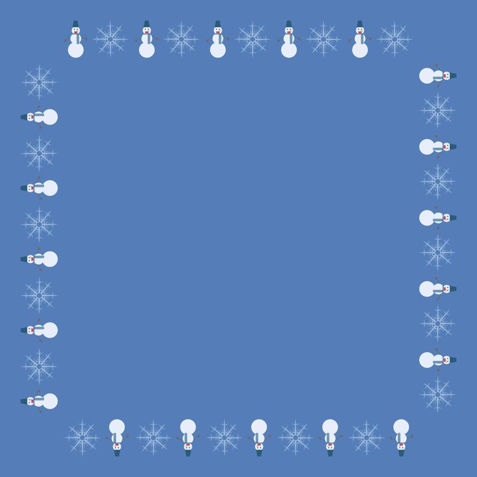 Square frame with snowmen and snowflakes on blue background. Vector image.